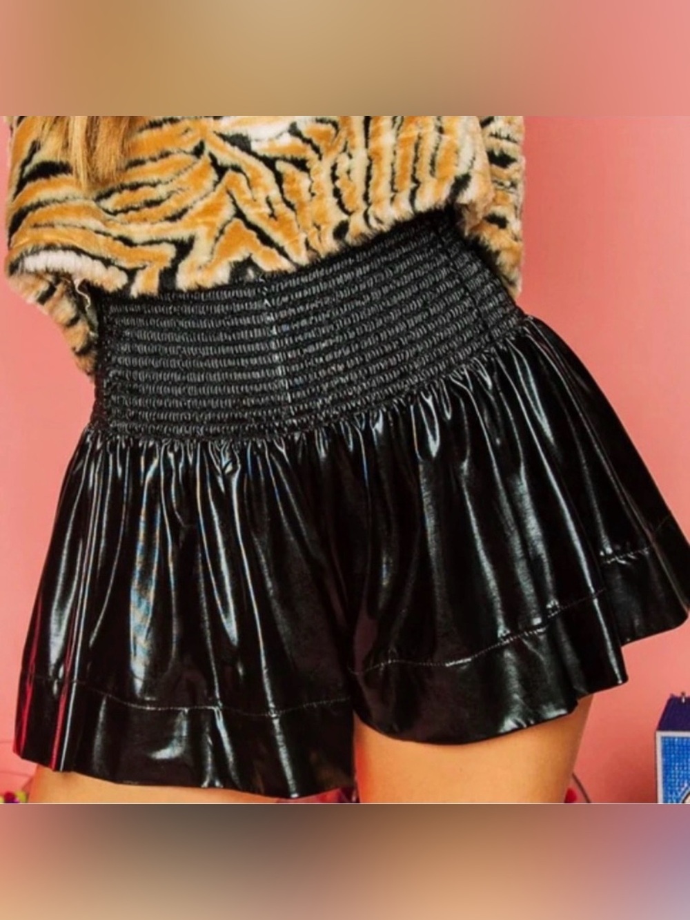 Queen of Sparkles Black Faux Leather High Waisted Swing Shorts Medium